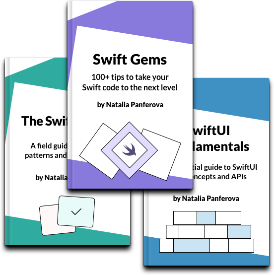 Book covers for SwiftUI Fundamentals, The SwiftUI Way and Swift Gems