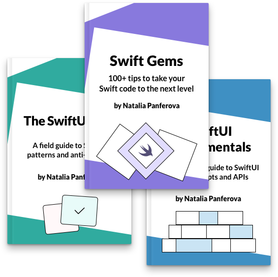 Book covers for SwiftUI Fundamentals, The SwiftUI Way and Swift Gems