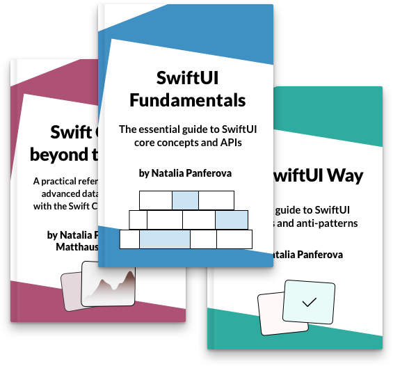 Book covers for SwiftUI Fundamentals, The SwiftUI Way and Swift Charts Beyond the Basics