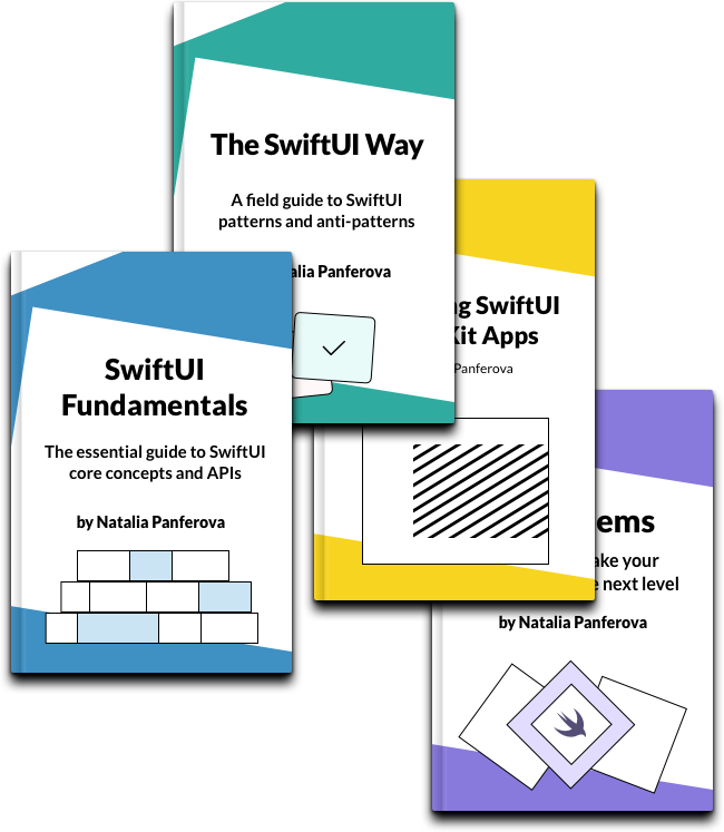 Book covers for SwiftUI Fundamentals, The SwiftUI Way, Integrating SwiftUI into UIKit Apps and Swift Gems
