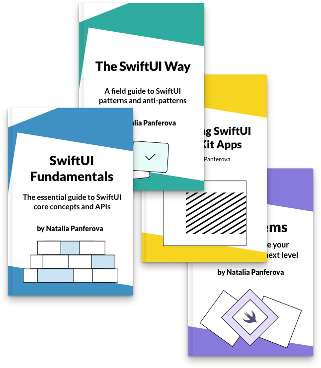 Book covers for SwiftUI Fundamentals, The SwiftUI Way, Integrating SwiftUI into UIKit Apps and Swift Gems