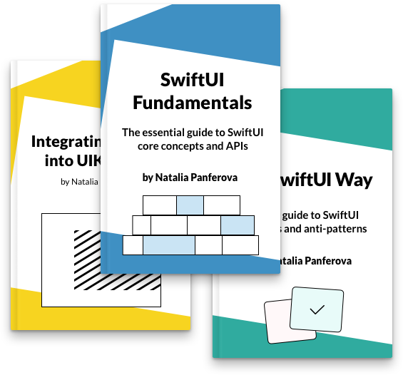 Book covers for SwiftUI Fundamentals, The SwiftUI Way and Integrating SwiftUI into UIKit Apps