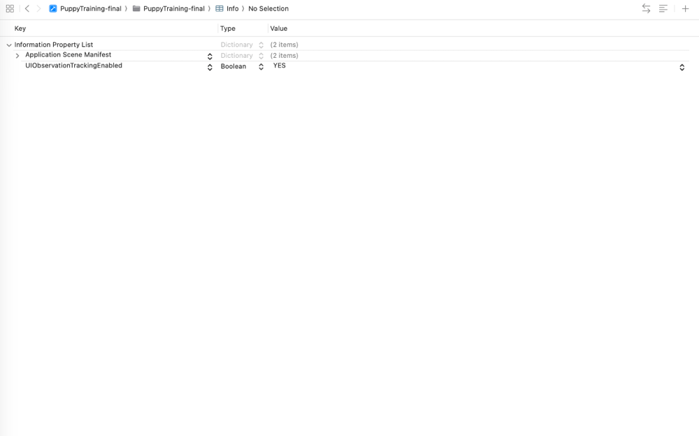 Screenshot of Xcode with the UIObservationTrackingEnabled flag set to YES in the Info.plist