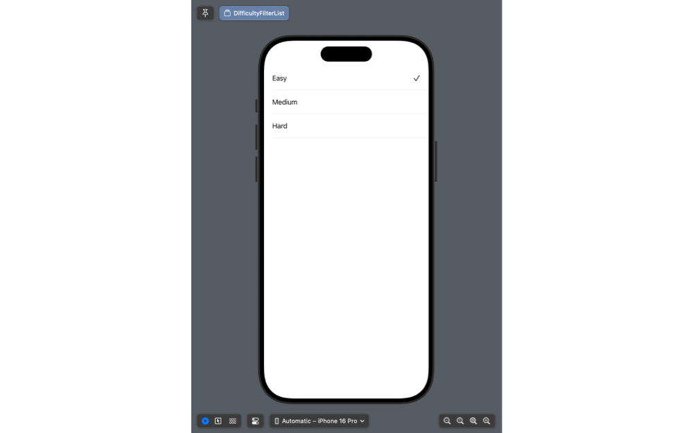 Screenshot of Xcode preview showing the DifficultyFilterList view