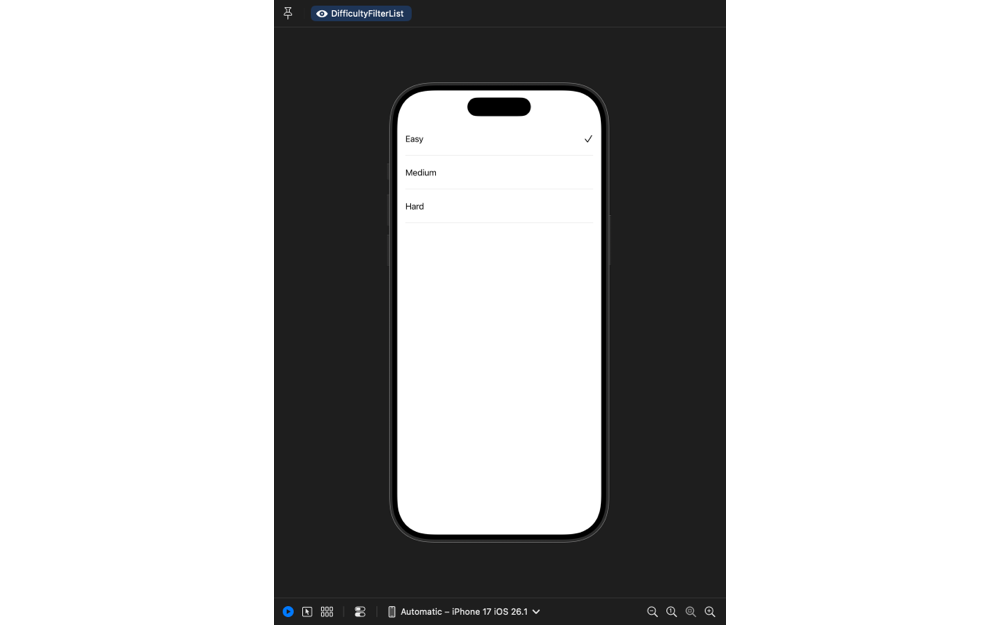 Screenshot of Xcode preview showing the DifficultyFilterList view