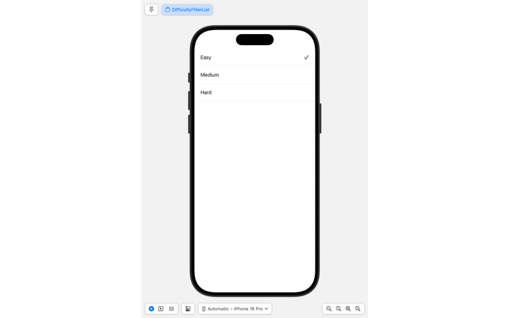 Screenshot of Xcode preview showing the DifficultyFilterList view