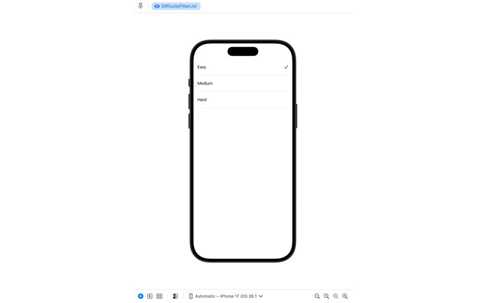 Screenshot of Xcode preview showing the DifficultyFilterList view