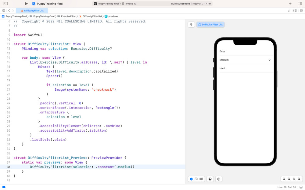 Screenshot of Xcode previews showing the DifficultyFilterList view