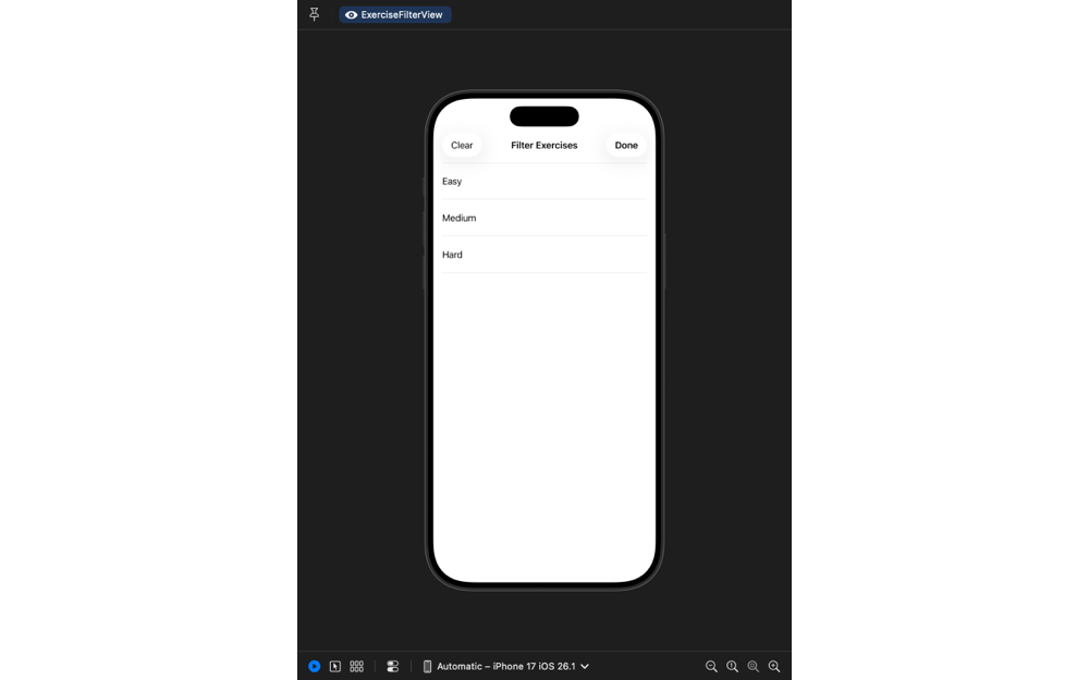 Screenshot of Xcode preview showing the ExerciseFilterView view