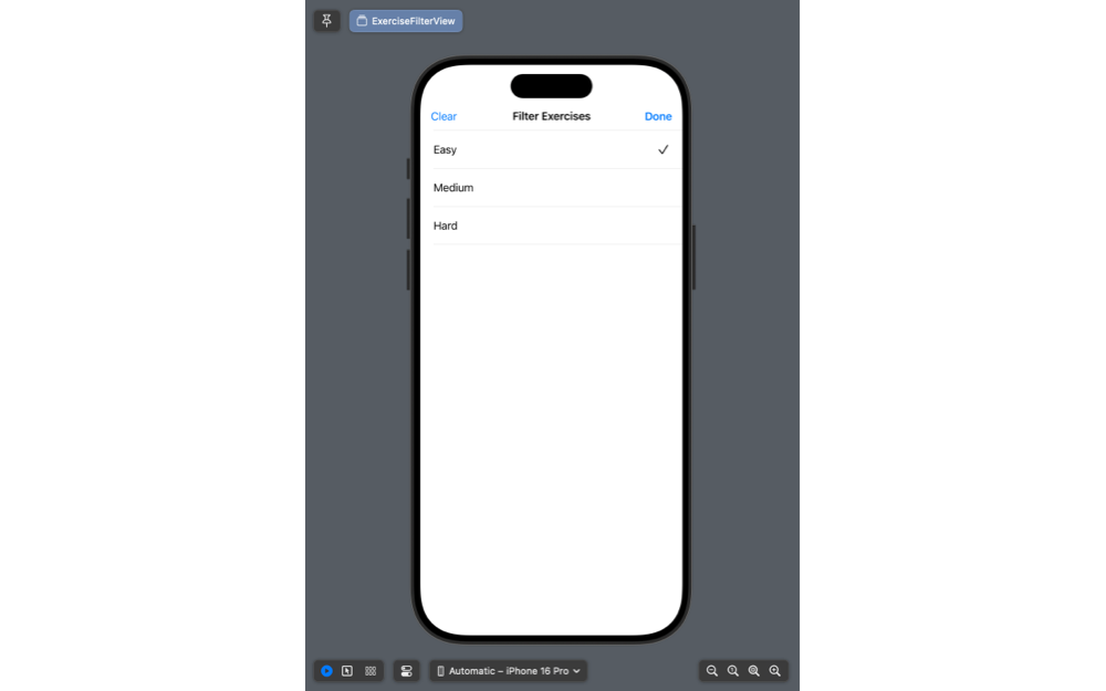 Screenshot of Xcode preview showing the ExerciseFilterView view