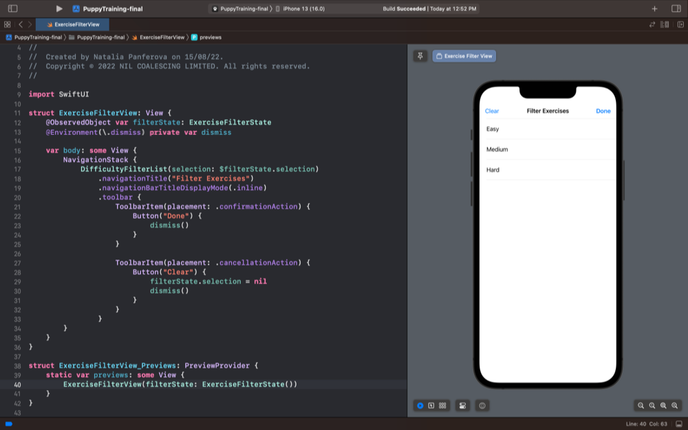 Screenshot of Xcode previews showing the ExerciseFilterView view