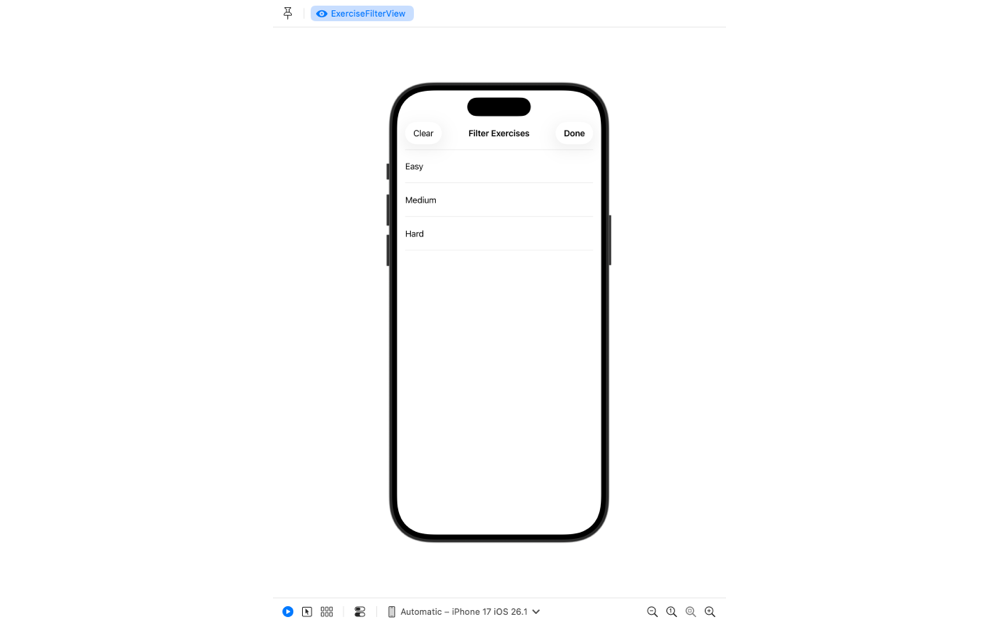 Screenshot of Xcode preview showing the ExerciseFilterView view