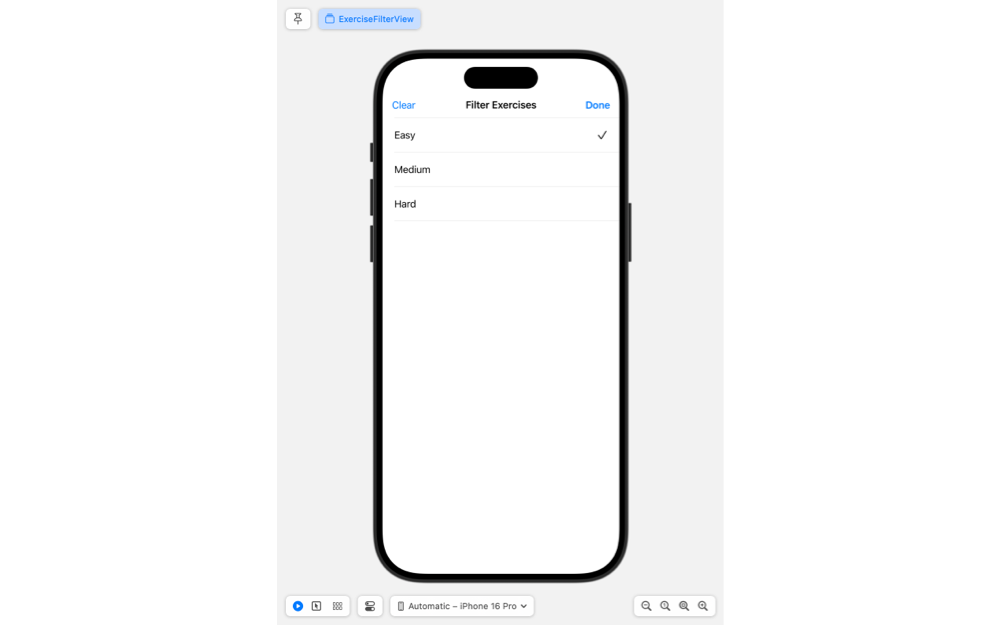Screenshot of Xcode preview showing the ExerciseFilterView view