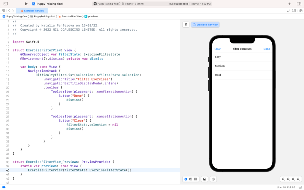 Screenshot of Xcode previews showing the ExerciseFilterView view