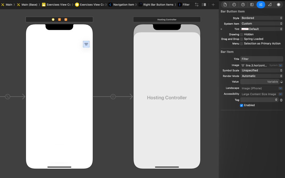 Screenshot of Xcode showing the Main.storyboard file with a Hosting Controller in the canvas