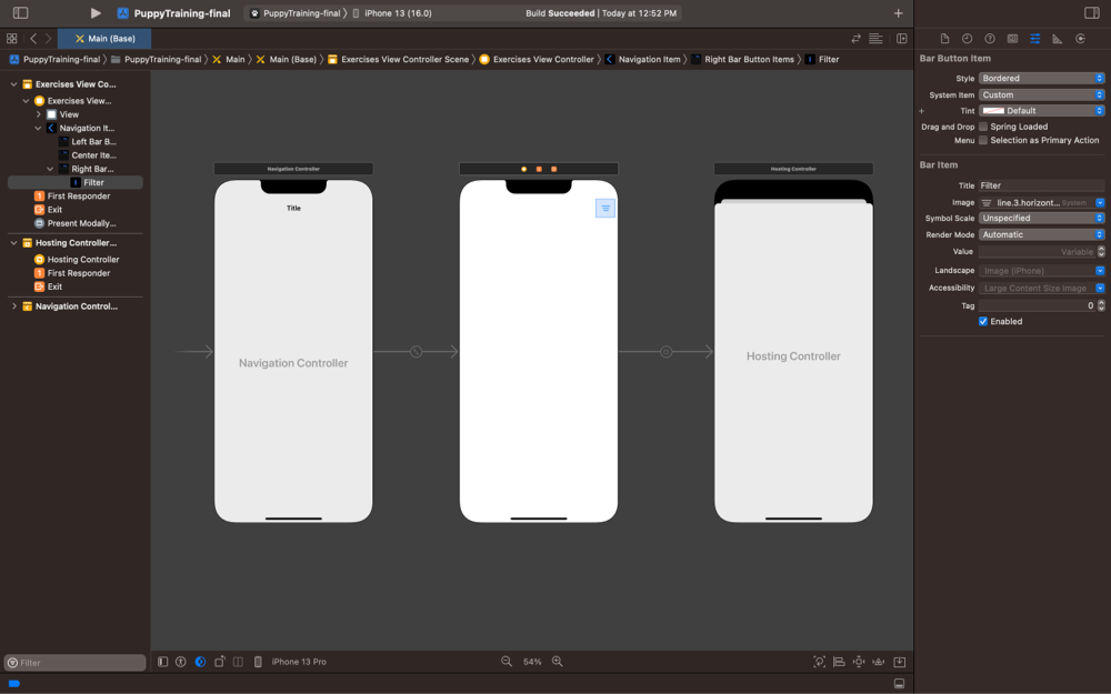 Screenshot of Xcode showing the Main.storyboard file with a Hosting Controller in the canvas