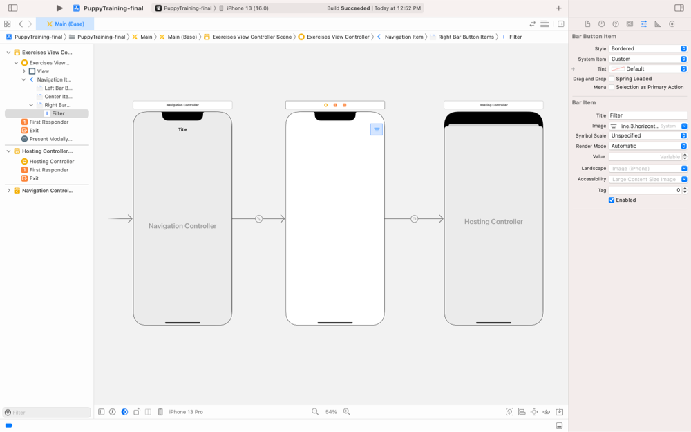 Screenshot of Xcode showing the Main.storyboard file with a Hosting Controller in the canvas