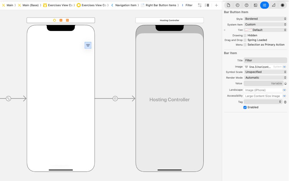 Screenshot of Xcode showing the Main.storyboard file with a Hosting Controller in the canvas