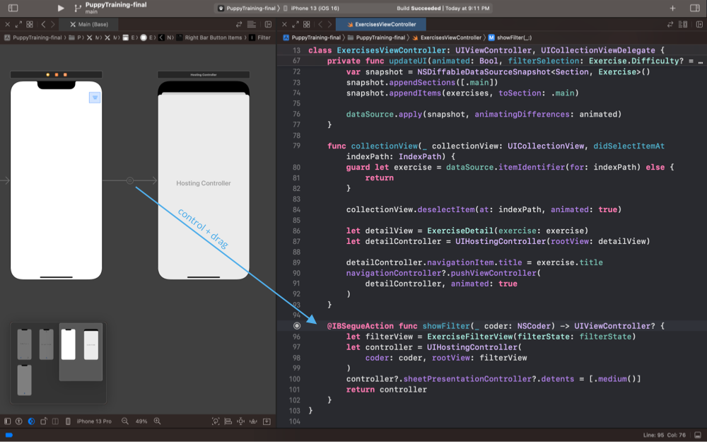 Screenshot of Xcode with the storyboard and the ExercisesViewController open in assistant editor