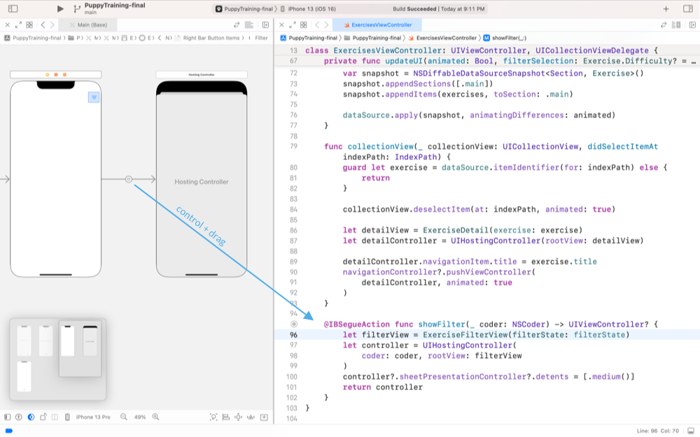 Screenshot of Xcode with the storyboard and the ExercisesViewController open in assistant editor