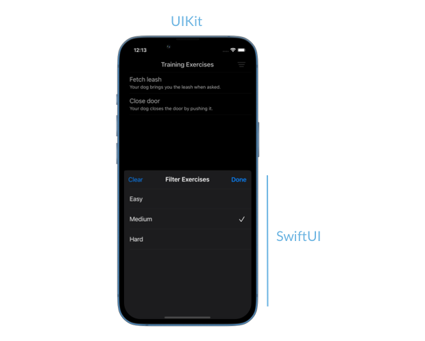 Screenshot of the sample puppy training app showing the main collection view built in UIKit and a filter view built in SwiftUI and presented in a bottom sheet