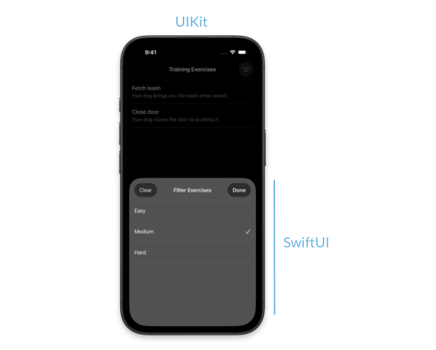 Screenshot of the sample puppy training app showing the main collection view built in UIKit and a filter view built in SwiftUI and presented in a bottom sheet
