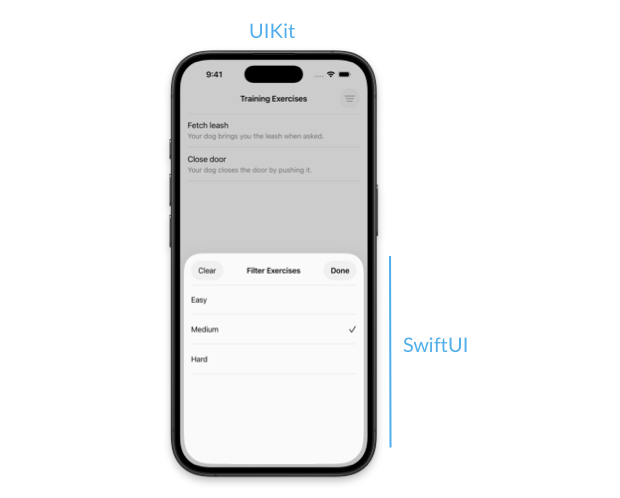 Screenshot of the sample puppy training app showing the main collection view built in UIKit and a filter view built in SwiftUI and presented in a bottom sheet