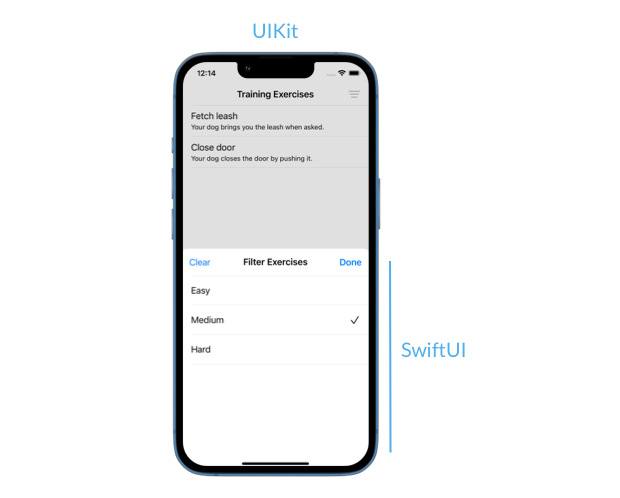Screenshot of the sample puppy training app showing the main collection view built in UIKit and a filter view built in SwiftUI and presented in a bottom sheet