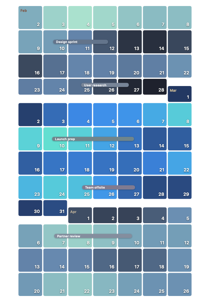 Calendar heat maps with event bars