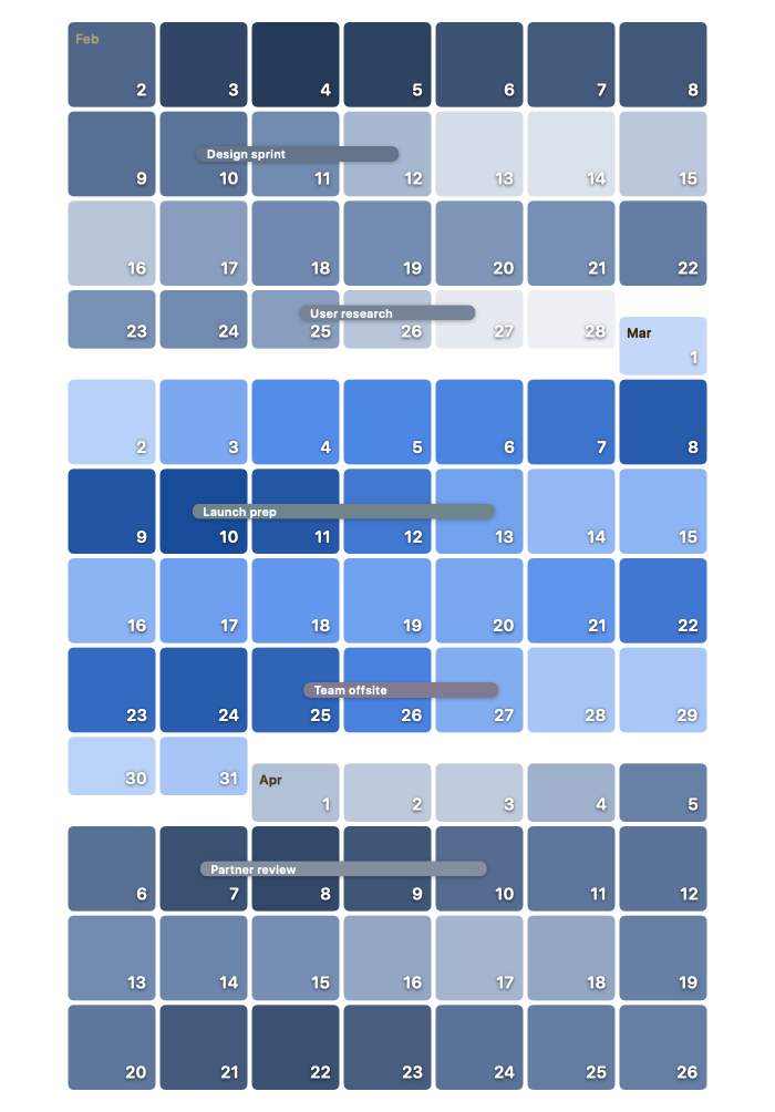 Calendar heat maps with event bars
