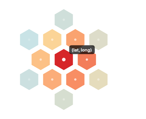 Hexagonal grid with a selected central cell labeled at its center and surrounding cells marked at their centers