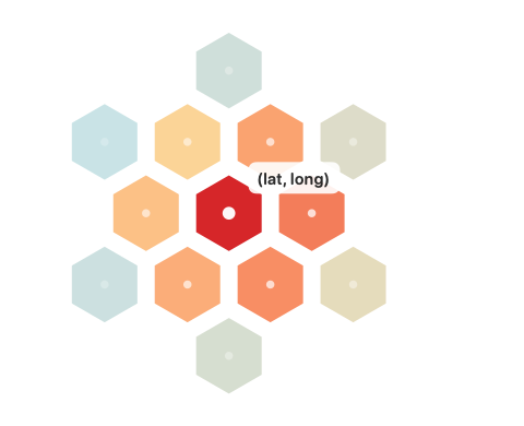 Hexagonal grid with a selected central cell labeled at its center and surrounding cells marked at their centers