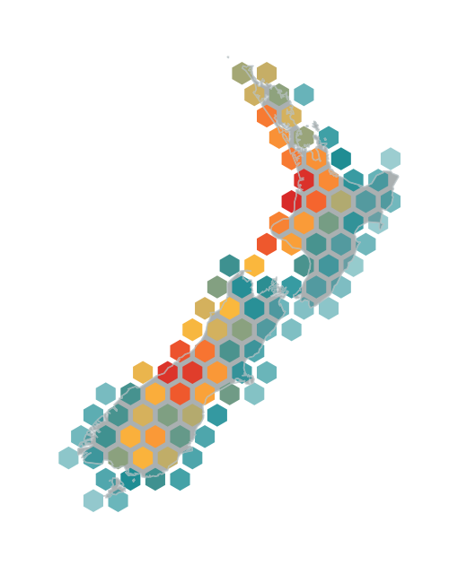 New Zealand earthquake observations arranged in a colored hexagonal heat map