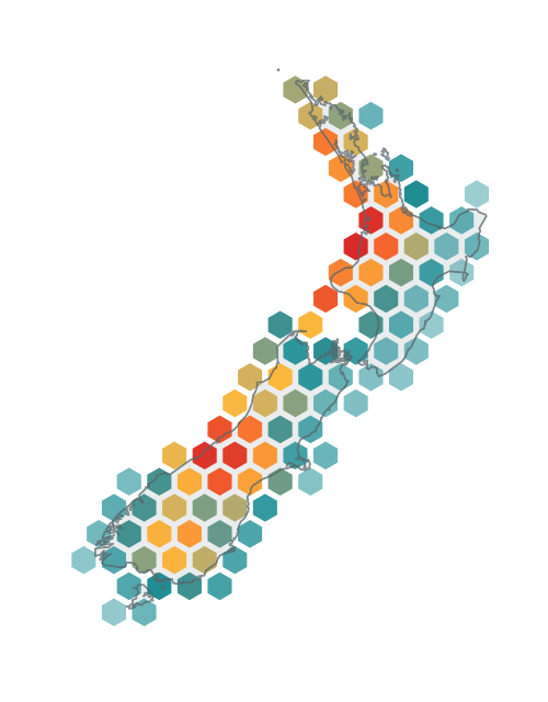 New Zealand earthquake observations arranged in a colored hexagonal heat map